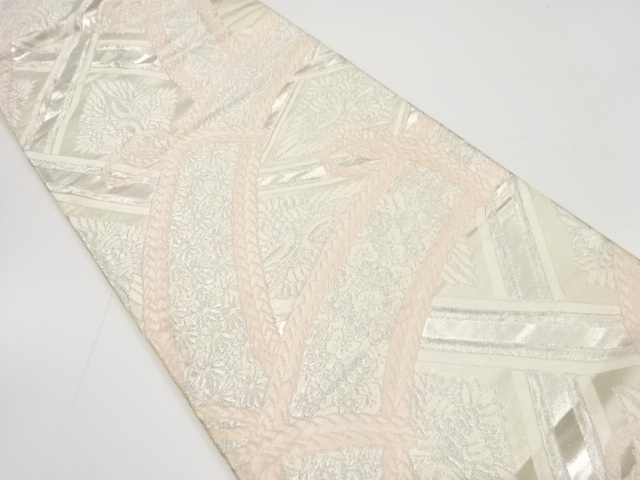 アンティーク　光悦垣に組紐・向かい鶴・菊模様織り出し袋帯（着用可）